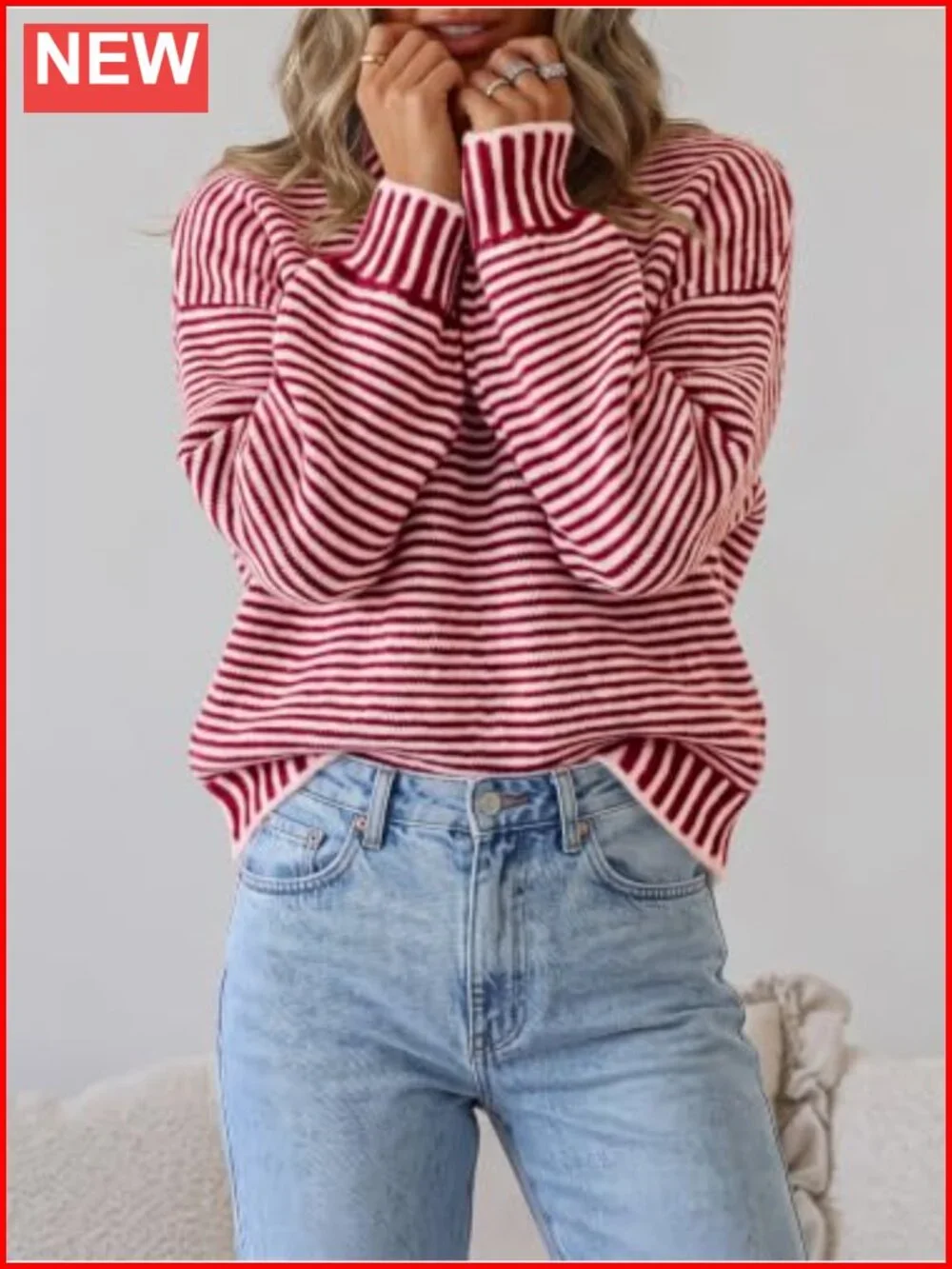 Chunky Knit Striped Sweater Oversized Drop Shoulder Crew Neck Pullover